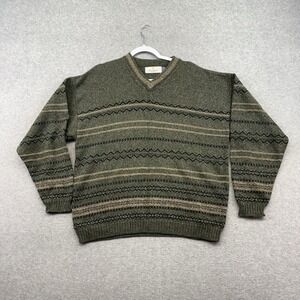 VINTAGE Bill Blass Sweater Mens L V Neck Grandpa Green Brown Earth Patterned 90s